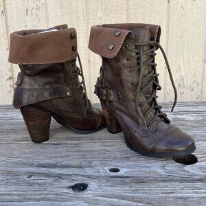 Steve Madden Brown Leather Lace-Up Combat Boots Fold Over Cuff Pirate Size 9.5